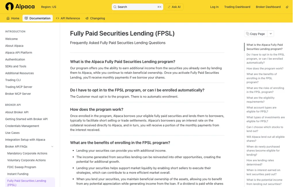 Alpaca 开发者文档 Fully Paid Securities Lending (FPSL) 问答页首屏,可见是否需要主动加入、计划如何运作等问题