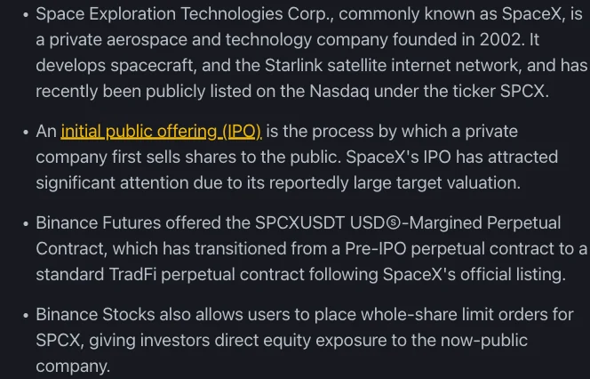 币安学院《What Is SpaceX (SPCX)?》页面的 Key Takeaways 区:SpaceX 在 Nasdaq 以 SPCX 上市、IPO 概念、SPCXUSDT 转为 TradFi 永续、币安股票支持 SPCX 整股限价单四条要点