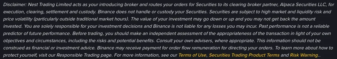 币安 Stocks & bStocks 页英文免责声明截图,写有 Nest Trading Limited 作为介绍经纪商把订单交给 Alpaca Securities LLC,以及 Binance may receive payment for order flow 一句