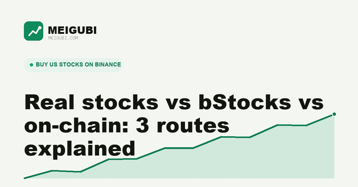 Three forking paths leading to a real share certificate, a bStocks token and an on-chain stock token, illustrating three ways to buy US stocks with crypto